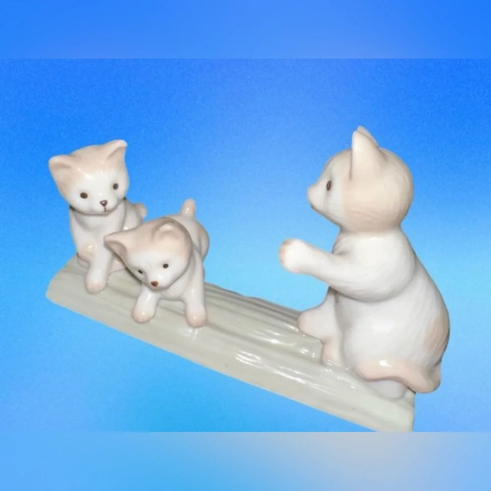 Cat Family Porcelain Figurine with Playful Kittens and Mother Kitty on‎ a Log